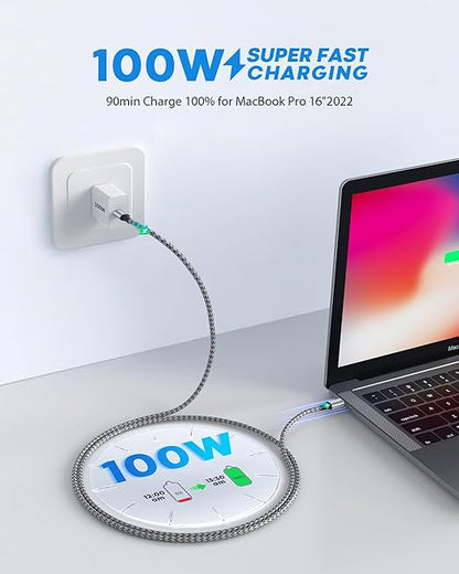 8ft/Long USBC to USBC Cable 100W (2-Pack), USB C to USB C Fast Charging Cable Braided C to C Charger Cord for iPhone 17 16 15 Pro Max, Samsung Galaxy S25 S24 A16, MacBook Pro, iPad, Pixel