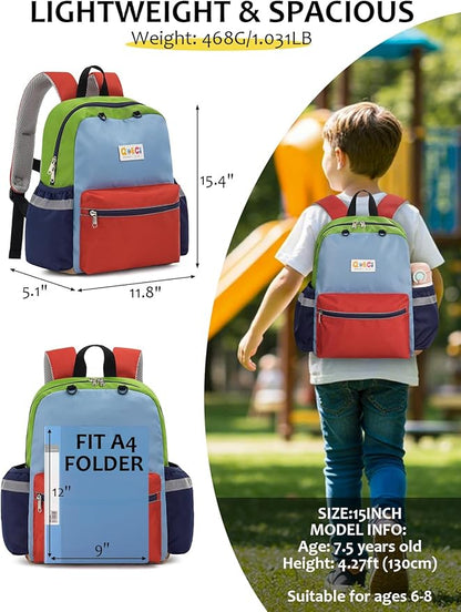 Kids Backpack for Boys Girls, Toddler Backpack for Preschool Kindergarten, 15inch Elementary School Bookbag with Reflective for Ages 6-8, Orange&Red
