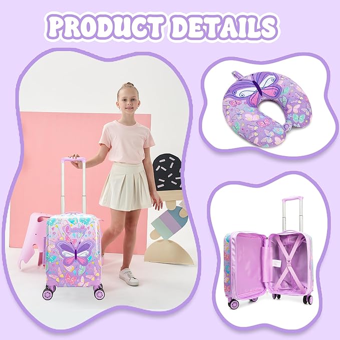 Kid's Luggage Set 2 Piece Suitcase Set 16" Hardside Luggage with Spinner Wheels Girls Carry on Toddler Travel Rolling Suitcase with Neck Pillow Airline Approved