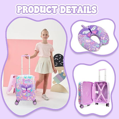 Kid's Luggage Set 2 Piece Suitcase Set 16" Hardside Luggage with Spinner Wheels Girls Carry on Toddler Travel Rolling Suitcase with Neck Pillow Airline Approved