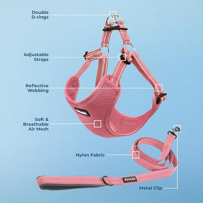 Best Pet Supplies Voyager Mesh Dog Breathable Harness Reflective Stitching, All Weather Adjustable for Walking Training, or Running - Heavy Duty & Durable, Harness Leash Set (Pink), XL