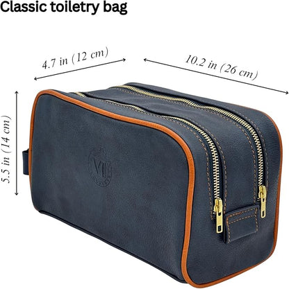 Dopp Gift Large Travel Toiletry Bag Premium Quality PU Leather Two compartments YKK Zippers Water-resistant Bottom Studs Mesh Pockets Durable Cosmetic Organizer NAVY BLUE/ORANGE