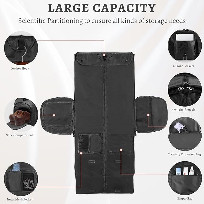 Convertible Garment Bag for Travel - Carry On Duffle Bag for Men Women 2 in 1 PU Leather Weekender Bag with Shoe Pouch and Shoulder Strap (Black)