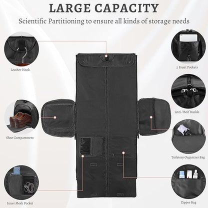 Convertible Garment Bag for Travel - Carry On Duffle Bag for Men Women 2 in 1 PU Leather Weekender Bag with Shoe Pouch and Shoulder Strap (Black)