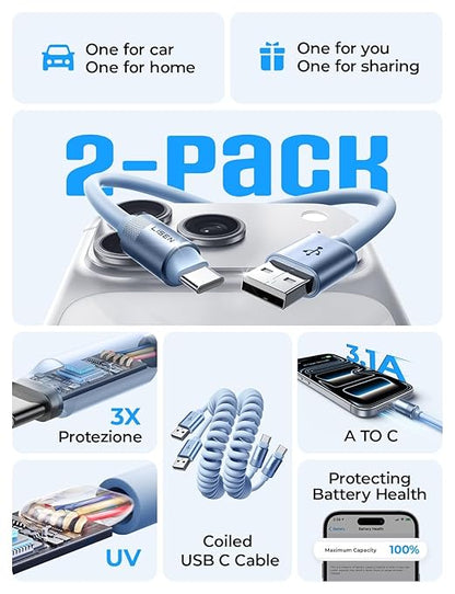 LISEN Coiled USB C Cable, 2 Pack for Android Auto & CarPlay Cable, Short USB A to USB C Cable Compatible with iPhone 17/16/15, Samsung Galaxy S25/S24/S23 A15/A14, Google Pixel 9/8, Blue 4FT