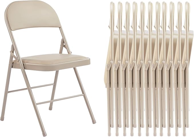 Folding Chairs 12 Pack, Portable Stackable Commercial Chair, Indoor Outdoor Padded Leather Chair with Sturdy Metal Frame, for Home, Office, or Party Events. (Kahki, 12 Pack)