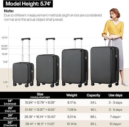 mixi Upgrade Carry on Luggage 14 Inch Underseat Personal Item Suitcases with Spinner Wheels, Hardside Rolling Suitcase PC with TSA Lock Lightweight Travel Case, Fine Grid Black