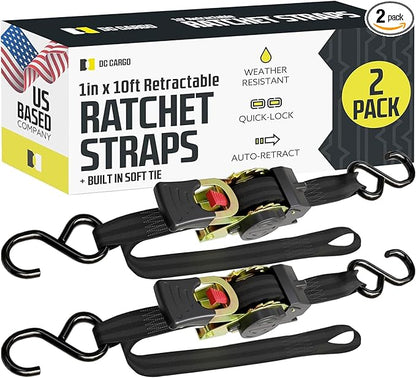DC Cargo Mall Auto Retractable Ratchet Straps (2-Pack) 1” x 10ft, Heavy Duty, 1,209lb Break Strength – Tie Down Straps for Cargo, Truck, Trailer, Motorcycle, Boat