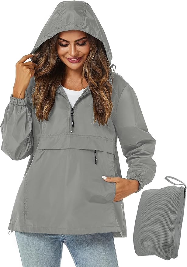 Avoogue Womens Rain Jacket with Hood,Pullover,Packable,Lightweight,Windbreaker,Waterproof,Breathable.