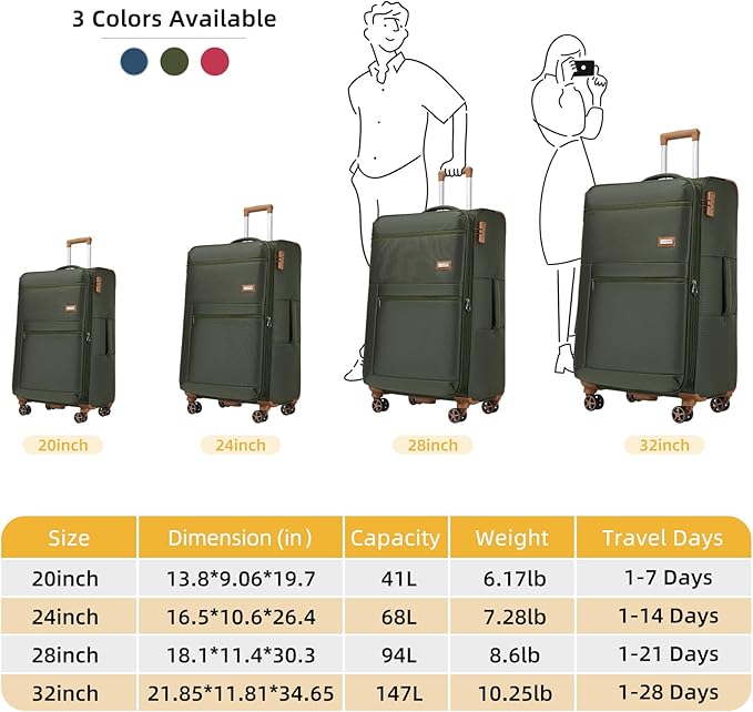 LARVENDER Luggage Sets 4 Piece, Softside Carry On Luggage Suitcase Set with 360° Spinner Wheels for Women Men(32/28/24/20) Army Green