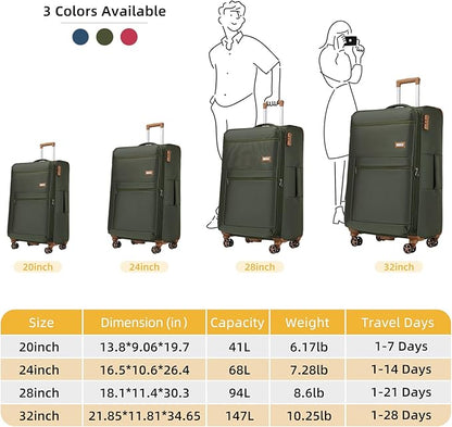 LARVENDER Luggage Sets 4 Piece, Softside Carry On Luggage Suitcase Set with 360° Spinner Wheels for Women Men(32/28/24/20) Army Green
