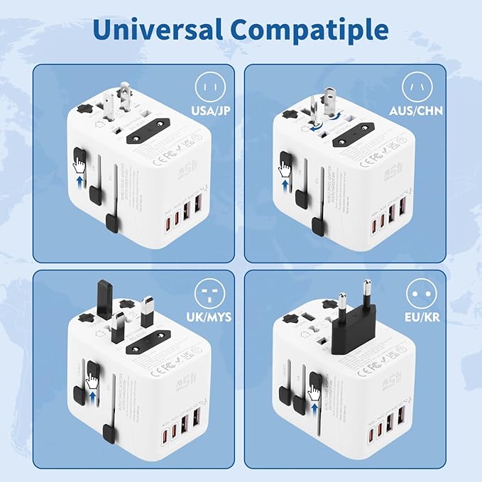 Aigostar 5-in-1 Universal Travel Adapter, GaN 45W Fast Charge International Plug Adapter with 2 Type-C & 2 USB-A Ports, Worldwide Power Adaptor Wall Charger for EU US UK AUS CHN JP Travel Business