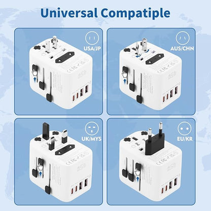 Aigostar 5-in-1 Universal Travel Adapter, GaN 45W Fast Charge International Plug Adapter with 2 Type-C & 2 USB-A Ports, Worldwide Power Adaptor Wall Charger for EU US UK AUS CHN JP Travel Business