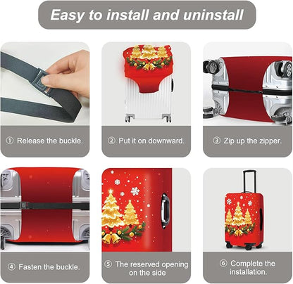 Golden Christmas Trees Luggage Cover - Sparkling Trees with Bells and Holly on Red Background, Elegant Holiday Design Stretchable Suitcase Protector for 18 20 22 Inch Travel Bags