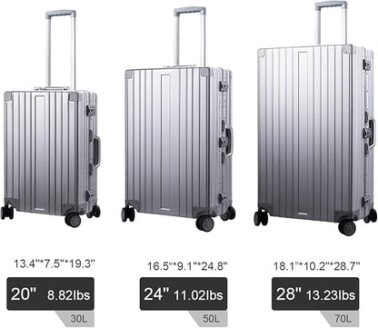 TRAVELKING All Aluminum Luggage Zipperless Hard Shell Luggage Case with TSA Lock Spinner Alloy Metal Suitcase (Silver, 28")
