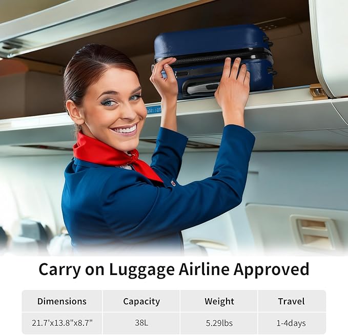Karl home Carry On Luggage 22x14x9 Airline Approved, ABS Hardshell Suitcase with TSA Lock & Spinner Wheels, Durable Small Suitcase Rolling Luggage for Business Travel, Navy Blue