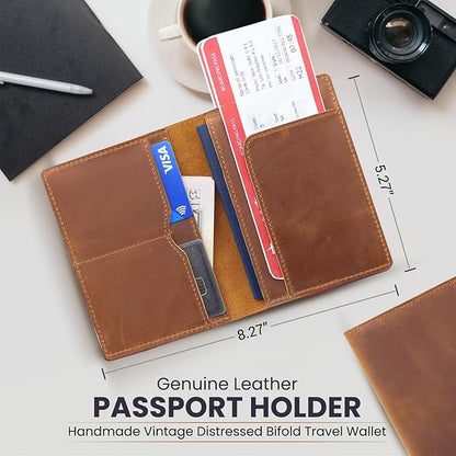 Leather Passport Holder with Travel Wallet, Genuine Leather Passport Cover- Passport Wallet, Leather Folding Wallet for Passports (Straight Cut, Brown)