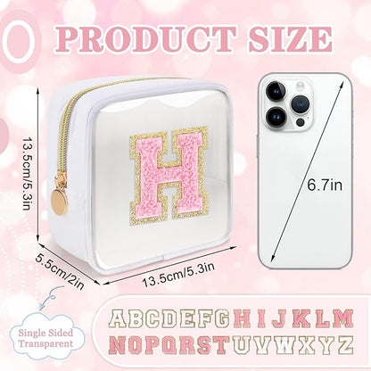 Mini Clear Personalized Initial Makeup Bag,Nylon Preppy A-Z Chenille Letter Patch Zipper Cosmetic Bag, Small Cute Beach Pouch Travel Purse Sanitary Napkin Storage Bag for Women Girls(White-Pink H)