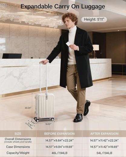 Hanke 20 Inch Expandable Carry On Luggage Airline Approved Top Opening Hard Shell Suitcases with Wheels Lightweight Travel Luggage Carry On Suitcase for Woman Men-Ivory White