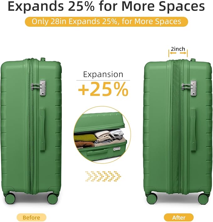 LARVENDER Luggage Sets 5 Piece with Duffel Bag Expandable(Only 28 inch) Hardside PP Carry On Luggage with 360° Spinner Wheels TSA Lock Luggage Sets for Women, Stone Green