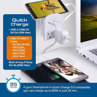 Ceptics 35W Universal Travel Adapter Kit – 2 USA sockets, USB-A, USBC, 1x PD 35W USB-C and USBC Cable, Surge Protected, Plugs for EU, UK, China, AU, Japan - for Laptop, Phone, Camera-ETL Tested