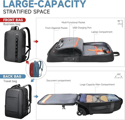 Travel Rolling Backpack,3 in 1 Carry on Backpack Flight Approved,Waterproof Personal Item Bag with Detachable Backpack,Extra Luggage Backpack 50L for Work Teacher College,Black