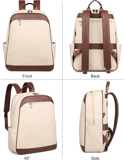 MASINTOR 15.6 inch Leather Laptop Backpack Purse for Women, Designer Travel and Work Bag with Laptop Compartment Beige Brown