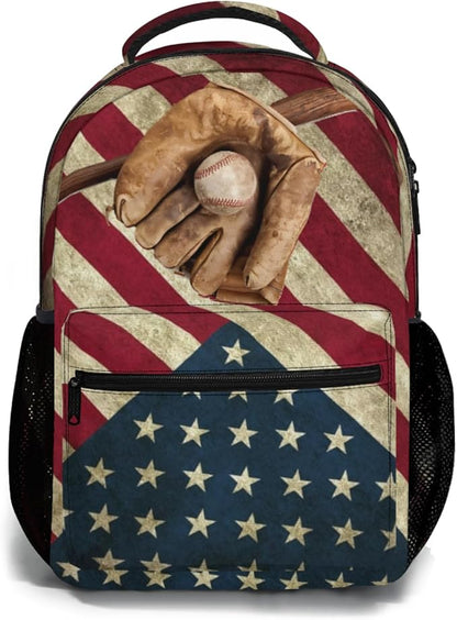 American Flag Baseball Print Backpack, Laptop Backpack with Multiple Pockets for Adult Hiking Travel Work 17 Inch