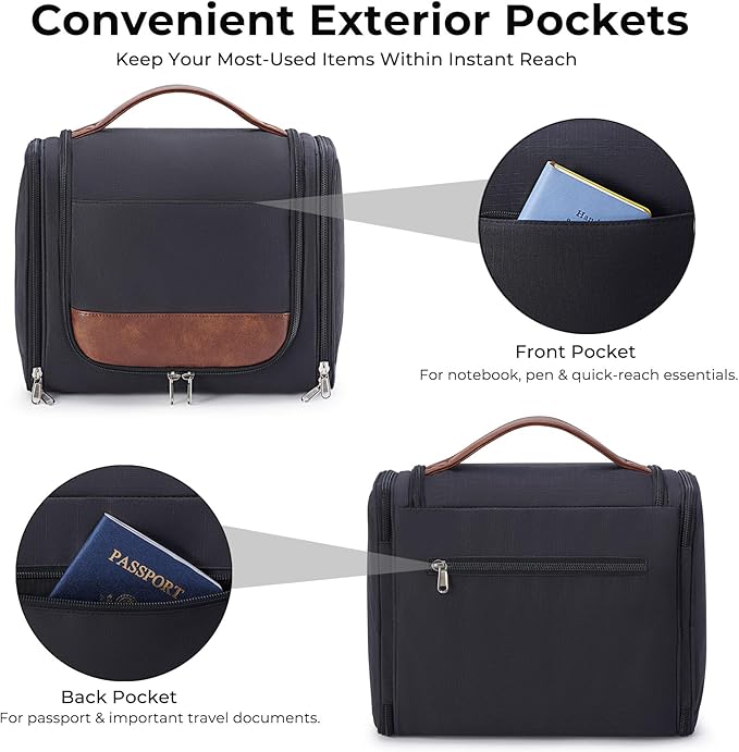 Large Hanging Toiletry Bag for Men, Travel Bathroom Bag with Hook, Hygiene Bag Organizer for Shower, Shaving & Grooming Essentials, Black