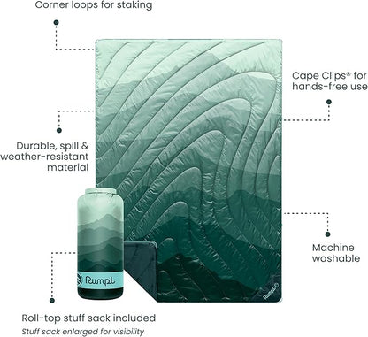 Rumpl Original Puffy Blanket - Warm, Water-Resistant Camping Blanket with 100% Recycled Synthetic Insulation, 52"x75", Original Puffy V2, Cascade Fade - Green