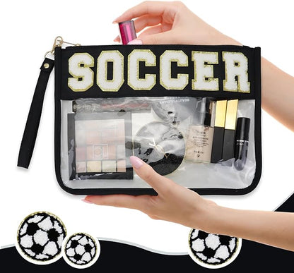 2 Pcs Soccer Gifts Cosmetic Makeup Bag with Chenille Letter Patch,with Handles PVC Waterproof Clear Makeup Bag,Portable Toiletry Storage Bag,Players & Fans Birthday, Team or Sports Lover Presents