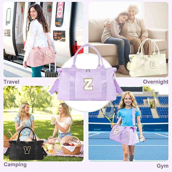 Dance Gym Duffel Bag for Teen Girls, Personalized Initial Travel Weekender Bag,Cute Overnight Carry On Duffle for Women,Sports Travel Cheer Bag,Monogram Christmas Gifts for Tween Preppy(purple-Z)