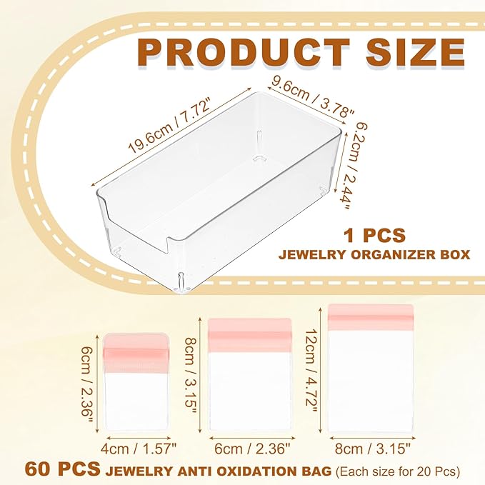 PATIKIL Clear Jewelry Box, Organizer Holder Box with 60 Pcs Portable Anti Tarnish Jewelry Bags, Travel Case for Women Earrings Rings Necklaces Bracelets, Pink 3 Size