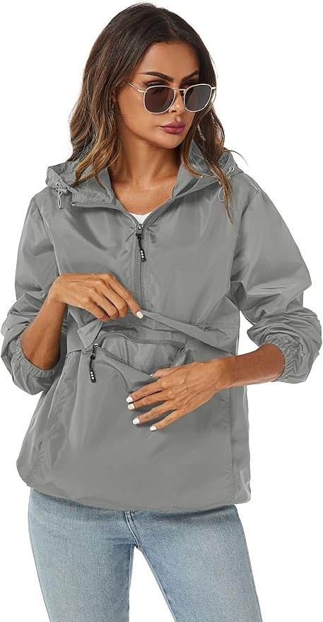 Avoogue Womens Rain Jacket with Hood,Pullover,Packable,Lightweight,Windbreaker,Waterproof,Breathable.