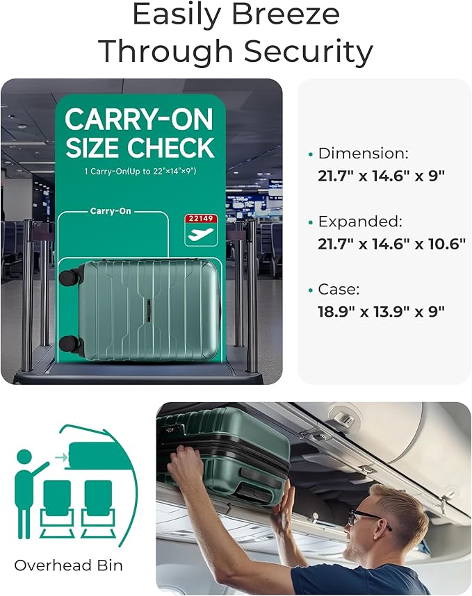 BAGSMART Carry On Luggage 22x14x9 Airline Approved with Spinner Wheels,Lightweight 20 Inch Luggage with TSA Lock,Expandable Hard Shell Carry On Suitcases for Men Women,Pine Green