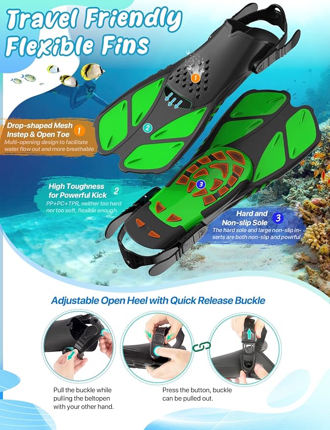 Zenoplige Mask Fins Snorkel Set, Snorkeling Gear for Adults, Panoramic View Snorkel Mask Anti-Fog, Adjustable Dive Flippers, Dry Top Snorkel and Travel Bag, Scuba Gear for Swimming Snorkeling Diving