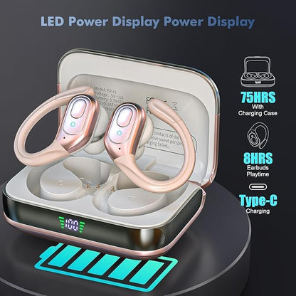 Wireless Earbuds Bluetooth 5.4 Headphones, IPX7 Waterproof Earphones, Over-Ear Earphones, Noise Canceling Ear Buds with 75hr Playtime, LED Power Display for Sports/Workouts - Rose Gold