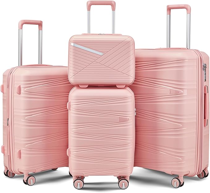 Merax Hardside Luggage Sets 4 Piece with Spinner Wheels,Lightweight Suitcase Set with TSA Lock,Travel Luggage Set with Telescoping HandlePink2,14/20/24/28