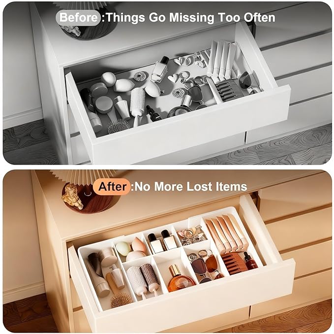 Expandable Desk Drawer Organizer, Acrylic Drawer Organizer Trays with 11 Adjustable Compartments 6 Removable Dividers Desk Accessories for Makeup Utensil Junk Office Kitchen Bathroom ( White, 2Pcs )