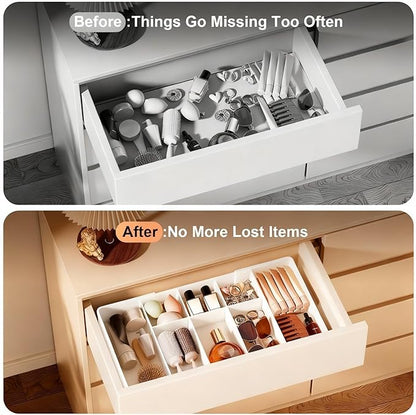 Expandable Desk Drawer Organizer, Acrylic Drawer Organizer Trays with 11 Adjustable Compartments 6 Removable Dividers Desk Accessories for Makeup Utensil Junk Office Kitchen Bathroom ( White, 2Pcs )