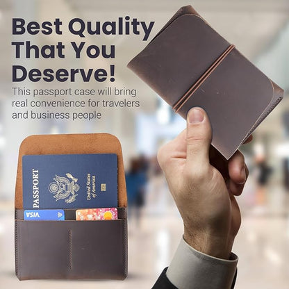 Leather Passport Holder with Travel Wallet, Genuine Leather Passport Cover- Passport Wallet, Leather Folding Wallet for Passports (Strap, Dark Brown)