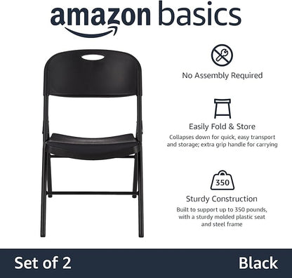 Amazon Basics Foldable Portable Sturdy Folding Plastic Chair, 350-Pound Capacity, Black, 2-Pack
