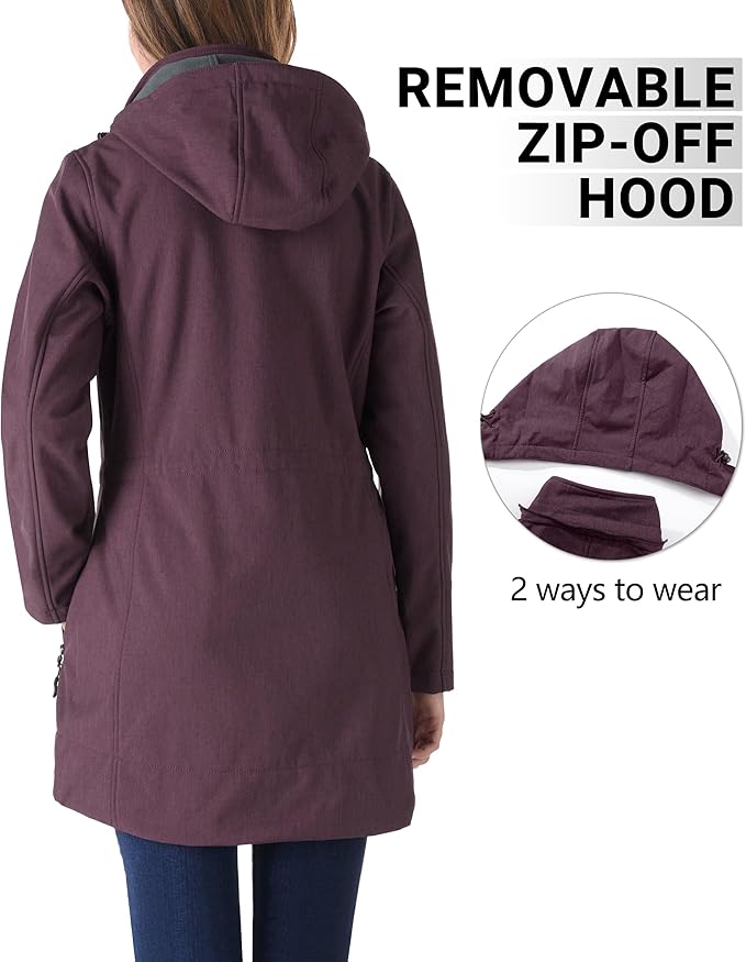 Outdoor Ventures Women's Softshell Jacket with Removable Hood Fleece Lined Windbreaker Insulated Long Warm Rain Jacket