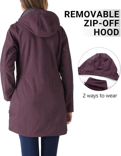Outdoor Ventures Women's Softshell Jacket with Removable Hood Fleece Lined Windbreaker Insulated Long Warm Rain Jacket