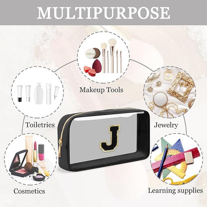 Small Clear Personalized Initial Makeup Bag,Nylon Preppy A-Z Chenille Letter Patch Cosmetic Pouch Beach Toiletry Bag,Waterproof Zipper Travel Purse Storage Bag Organizer for Women Girls(Black-Black J)