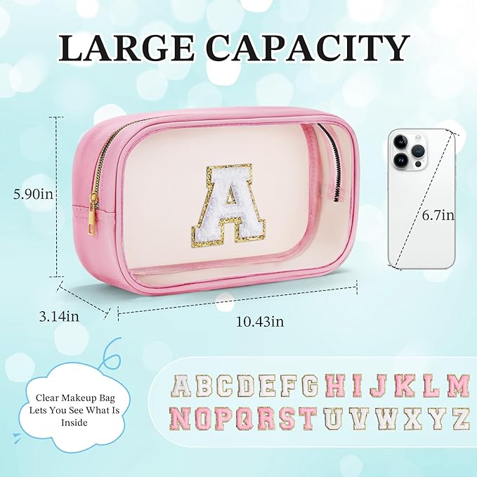 YOOLIFE Christmas Gifts for Teenage Girls Stocking Stuffers Teacher Gifts Initial Clear Makeup Bag Pouch Travel Toiletry Cosmetic Bags Birthday Gift for 4 5 6 7 8 9 10 11 12 Year Old Girls Pink K