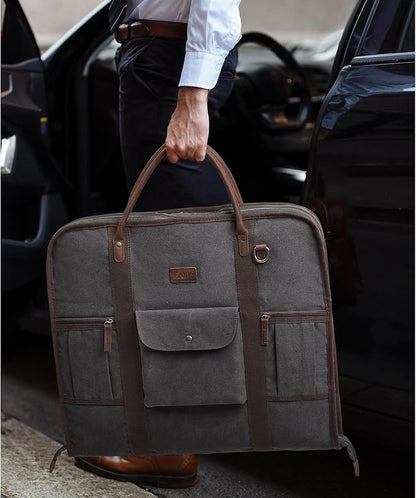 S-ZONE Carry on Garment Bag for Business Travel Canvas Leather Men Suit Cover