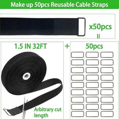 0.8in-32ft Hook and Loop Cable Straps with 50 Metal Buckles, Adjustable Fastening Straps, Reusable Free Cut Length Cord Straps