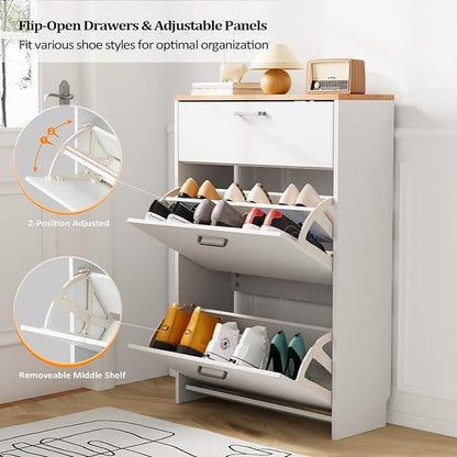 VINGLI Shoe Cabinet Storage for Entryway Ultra Slim with 2 Flip &1Drop-Down Drawers, 24.8" W Narrow Shoe Cabinet for Front Door Entrance,Freestanding Modern White Wood Shoes Organizer for Hallway