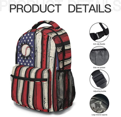 American Flag Baseball Print Backpack, Laptop Backpack with Multiple Pockets for Adult Hiking Travel Work 17 Inch
